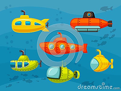 Submarines set. Yellow hilarious design bathyscaphes and red iron scuba floats with propellers and round portholes fun Vector Illustration