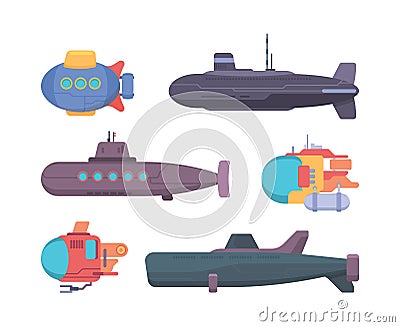 Submarines. Travel diving underwater boat explorer propeller ship vector collection Vector Illustration