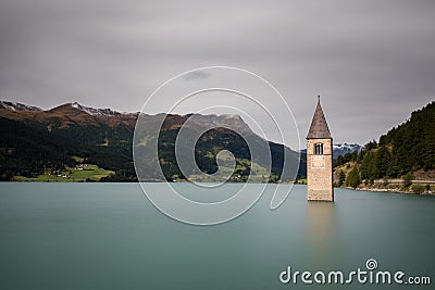 Submerged church at Lake Reschen Stock Photo