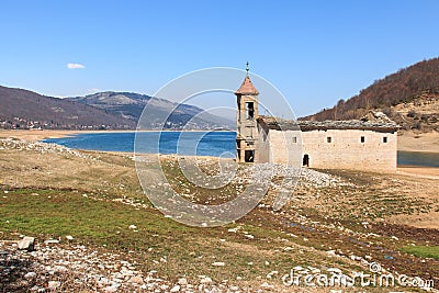 Submerged Church of Mavrovo Lake, Macedonia Stock Photo