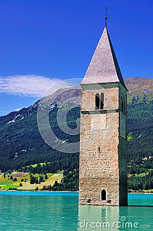 Submerged Church Tower,Reschensee, Italy Stock Photo