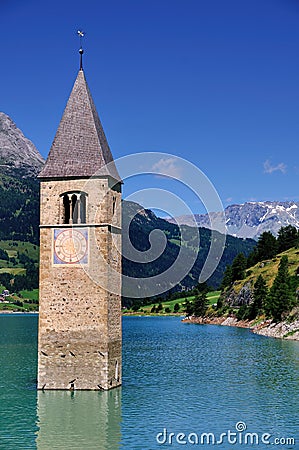 Submerged Church Tower, Graun im Vinschgau, Italy Stock Photo