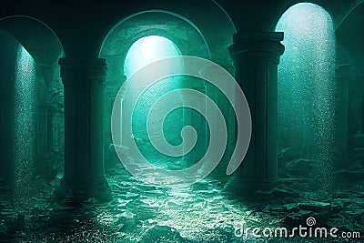 Submerged echoes. Lost city's secrets in the deep blue abyss. AI-generated Stock Photo