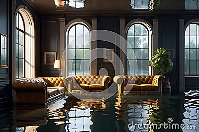 Submerged Tranquility: Flooded Living Room with Water Reaching Halfway Up the Furniture - Reflections of Floating Possessions Stock Photo