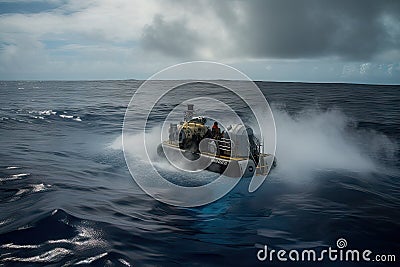 submersible approaches volcanic seamount, with steam and smoke venting from the vents Stock Photo