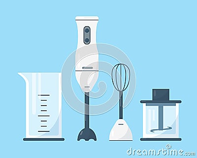 Submersible white blender with accessories. Vector Illustration