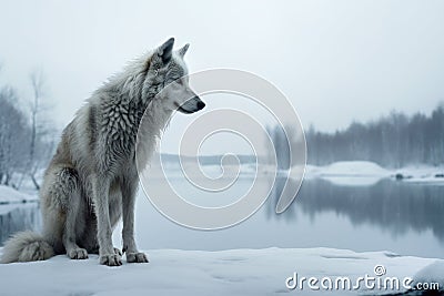 submissive posture of a wolf against a snowy backdrop Stock Photo