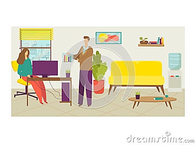 Subordinate colleague male character show infographic woman boss, team leader office cabinet flat vector illustration Cartoon Illustration