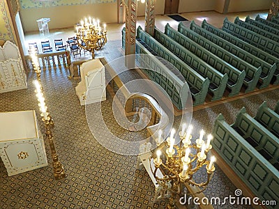 Subotica, Serbia, September 12, 2021 Benches, rows, seats in the synagogue. Internal interior. Jewish Religion, premises Editorial Stock Photo