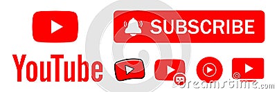 Subscribe button icon with arrow cursor. Official logotypes of Youtube Apps. Youtube, youtube kids, YouTube Music, YouTube TV, Vector Illustration