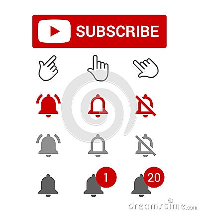 Subscribe button, red and grey bell alerts, chat or reminder notifications, elements for blogging, set of smm icons Vector Illustration