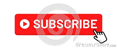 Subscribe button for social media. Subscribe to video channel, blog and newsletter. Red button with hand cursor for subscription Vector Illustration