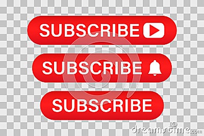 Subscribe button for web site.Colection of red buttons for social media. Vector icon on .transparent background Vector Illustration