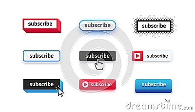 Subscribe buttons. Video channel interacting UI element with different design template, subscription logo design. Vector Vector Illustration