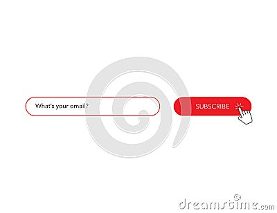 Subscribe form. Red button with email box. Clicking hand. Template for member subscription. Follow with your email to newsletter. Vector Illustration