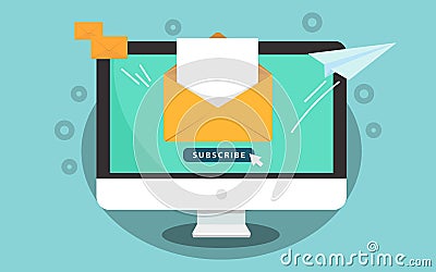 Subscribe for newsletter concept. Subscribe button with cursor on the computer screen. Open message with document. Paper Vector Illustration