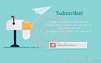 Subscribe for newsletter concept with mailbox, email subscription form, and text. UI UX design. Paper airplane icon. Vector Illustration
