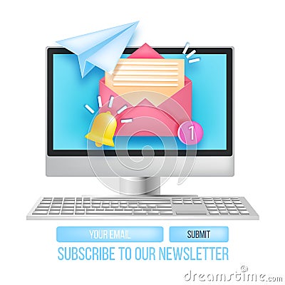 Subscribe newsletter internet vector template, email web marketing, computer screen, keyboard. Vector Illustration