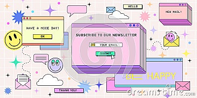 Subscribe newsletter web banner template in retro computer interface style. Retrowave design for mail marketing. 90s Vector Illustration