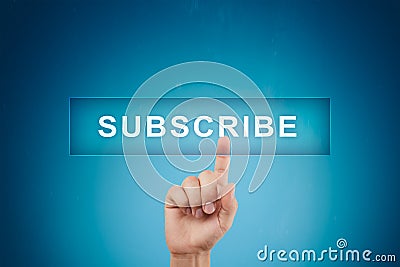 Subscribe now, subscription, newsletter button on virtual screen. Stock Photo