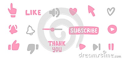 Subscription, call button and hand cursor. Pink button subscribe to a channel, blog, Like button, thank you, volume icon, call. Vector Illustration