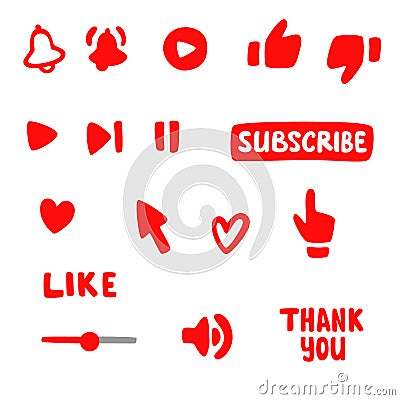 Subscription, call button and hand cursor. Red button subscribe to a channel, blog, Like button, thank you, volume icon, call. Cartoon Illustration