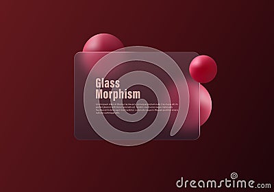 Subscription login form in glass morphism style. Dark red gradient background with panel and floating red spheres. Vector Illustration
