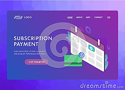 Subscription payment UI UX vector web template or landing page. Monthly subscription basis fee concept. Calendar with payment date Vector Illustration
