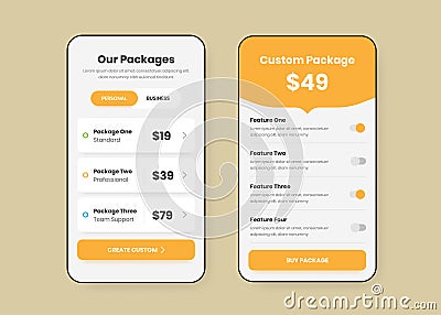 Subscription pricing and custom package screen mobile app ui design Vector Illustration