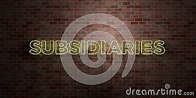 SUBSIDIARIES - fluorescent Neon tube Sign on brickwork - Front view - 3D rendered royalty free stock picture Stock Photo