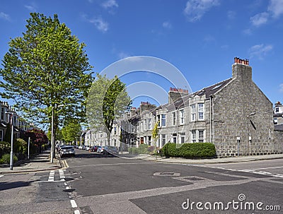 The Substantial Granite terraced houses in Aberdeen City Suburbs near the Grammar School.. Editorial Stock Photo