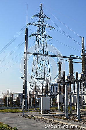 Substation 110/20kV and pole. Stock Photo