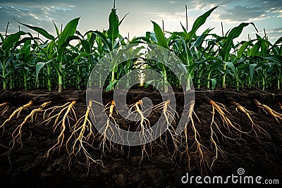 Subterranean Symphony: Corn Roots Harmonize with Earth. Concept Agriculture, Soil Health, Plant Stock Photo