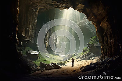 Subterranean wonder: mystical cave exploration. Stock Photo