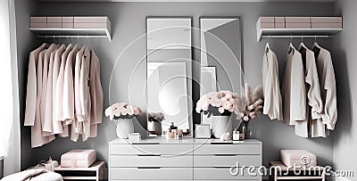 Subtle Glam-our Unveiled: In this Modern Minimalist Dressing Room, Clean Lines and Muted Tones of Soft Gray and Clean White Stock Photo