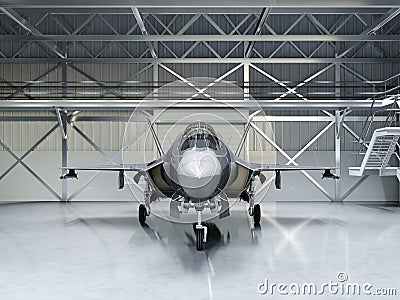 Subtle multifunctional fighter-bomber, fifth generation. Modern fighter in the hangar Stock Photo