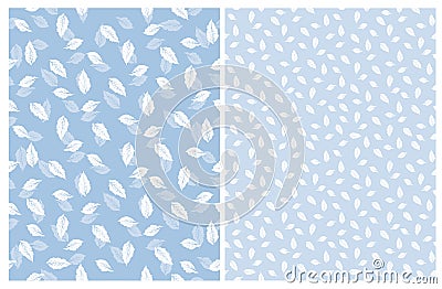 Lovely Hand Drawn Floral Vector Pattern. Light Blue and White Leaves. Blue Background. Vector Illustration