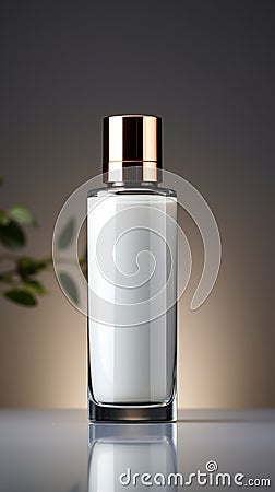 Subtle sophistication Cosmetic bottle on light grey backdrop exudes elegant charm Stock Photo