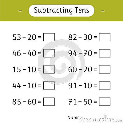 Subtracting Tens. Mathematics. Math worksheets for kids. School education. Development of logical thinking Vector Illustration