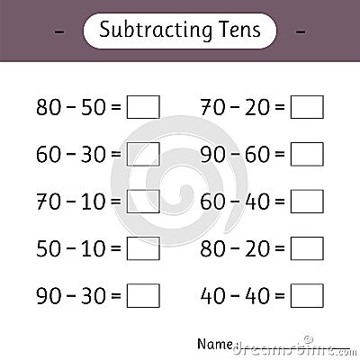 Subtracting Tens. School education. Math worksheets for kids. Development of logical thinking. Mathematics Vector Illustration