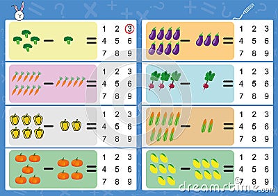 subtracting using pictures, math worksheet for kids Stock Photo