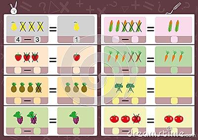 Subtracting using pictures, math worksheet for kids Stock Photo