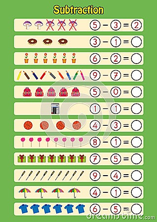 subtracting using pictures, math worksheet for kids Stock Photo