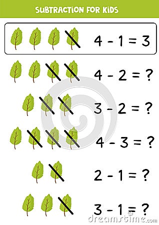 Subtraction with green leaf. Basic math for kids. Vector Illustration