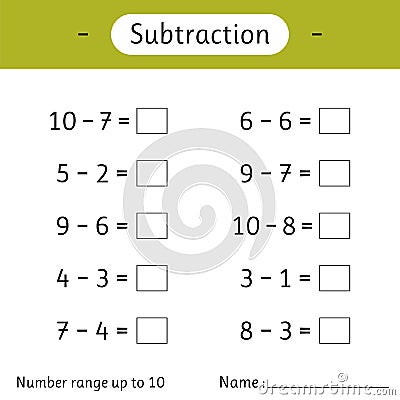 Subtraction. Number range up to 10. Math worksheet for kids. Mathematics. Solve examples and write. Developing numeracy skills Vector Illustration