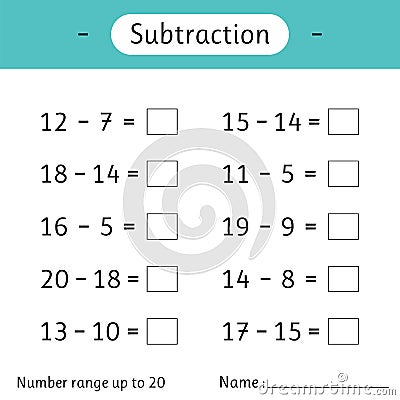 Subtraction. Number range up to 20. Mathematics. Math worksheet for kids. Solve examples and write. Developing numeracy skills Vector Illustration