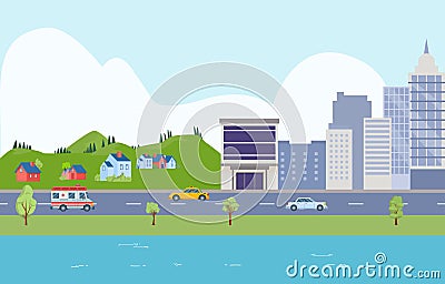 Suburb concept highway urban cityscape, downtown city banner, landscape town river water channel flat vector Vector Illustration