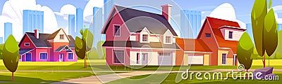 Suburb houses at cityscape view, suburban street Cartoon Illustration