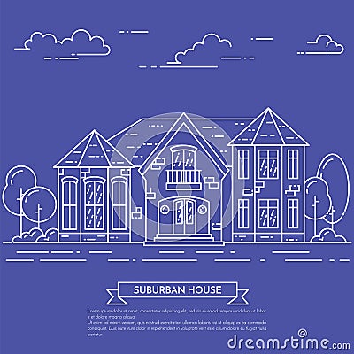 Suburb landscape with private separate house, yard on white back Vector Illustration