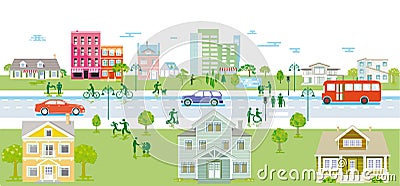 Suburb with pedestrians and road traffic, illustration Cartoon Illustration